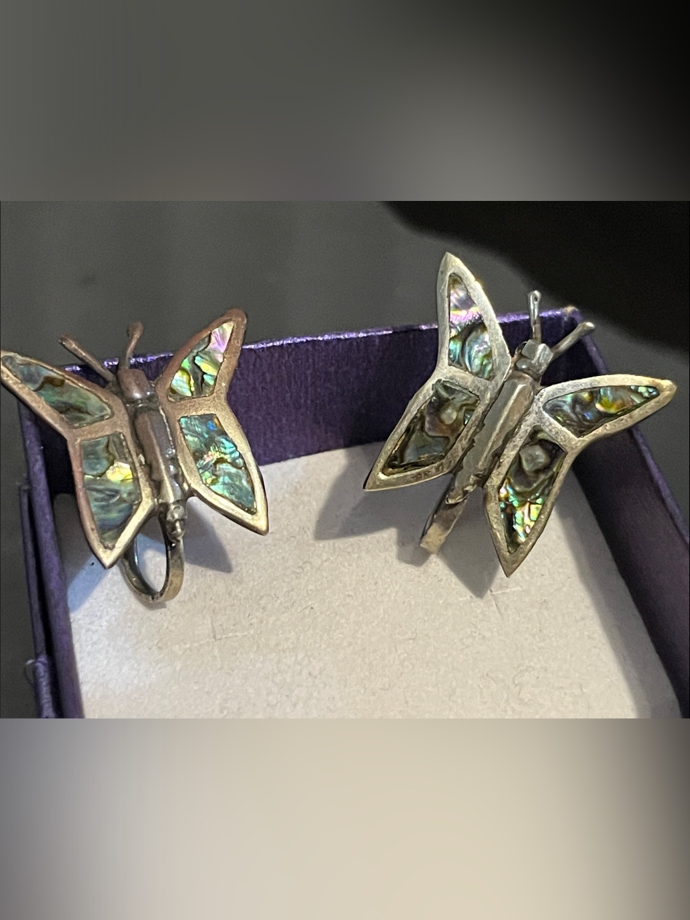 Vintage Sterling Silver Abalone Butterfly Screw Back Earrings